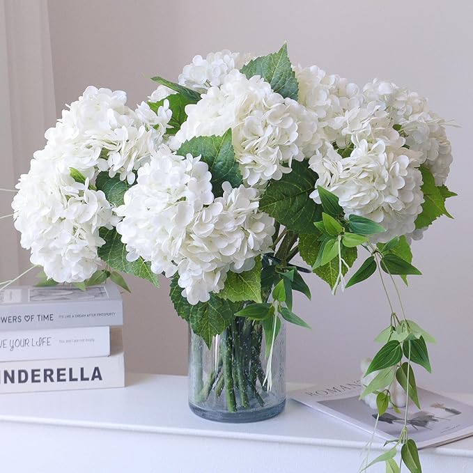 Buart 2PCS Long Stem Big Size Flowers Artificial Silk Hydrangea Lifelike Flowers Real Touch White Artificial Flowers Wedding Shower Bride Bouquets Office Living Room Table Decorations (21 Inch)