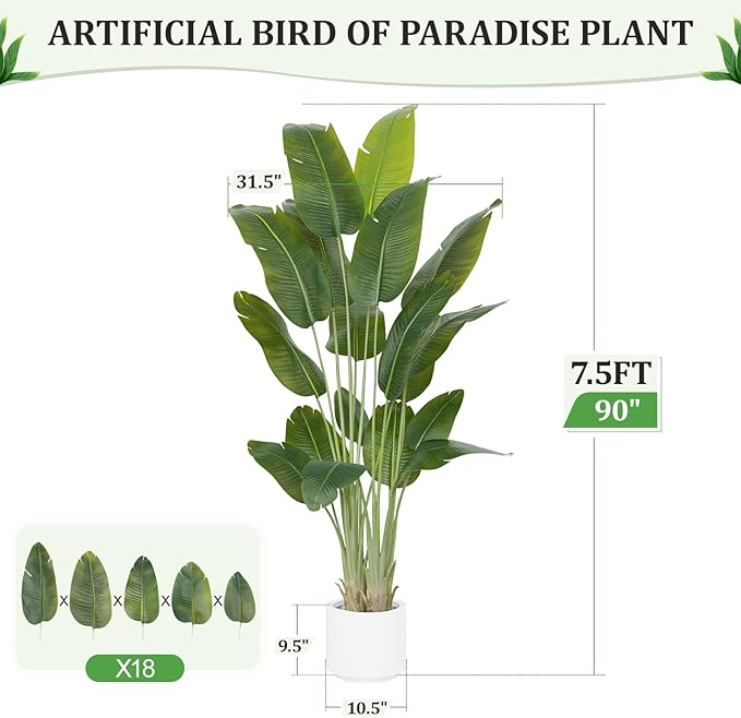 Artificial Bird of Paradise Plant 7.5Ft Tall Fake Tropical Palm Tree Large Fake Plants with 18 Silk Banana Leaves Faux Plant Indoor Decor Trees White Pot for Home Bedroom Living Room Office