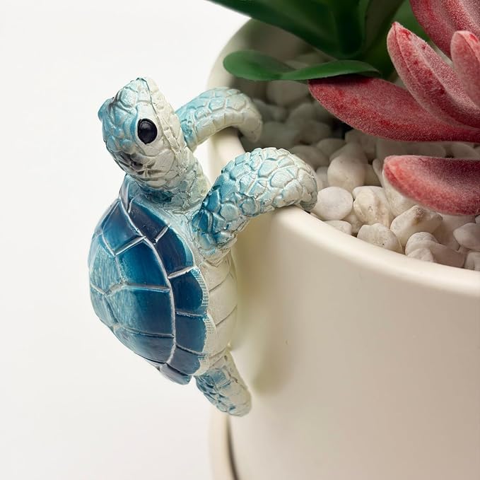 Cute Climbing Blue Sea Turtle Flower Pot Hugger Figurines, Small Resin Hanging Tortoise Statue Planter Pot Decoration for Home Garden Fence Balcony Patio Lawn Yard Ornaments