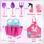 Kids Gardening Tool Set - Garden Tools for Kids with Shovel Trowel Rake Apron Gloves Watering Can and Tote Bag, Outdoor Toys Great Gifts for 3 4 5 6 7 8+ Years Old Girls (Unicorn Style)