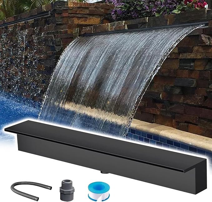 Waterfall Spillway for Indoor/Outdoor Decorative,304 Stainless Steel Fountain Spillway Kit - 54/137cm Outdoor Waterfall Spillway with Long Hose Black/Silver Design for Backyard & Commercial