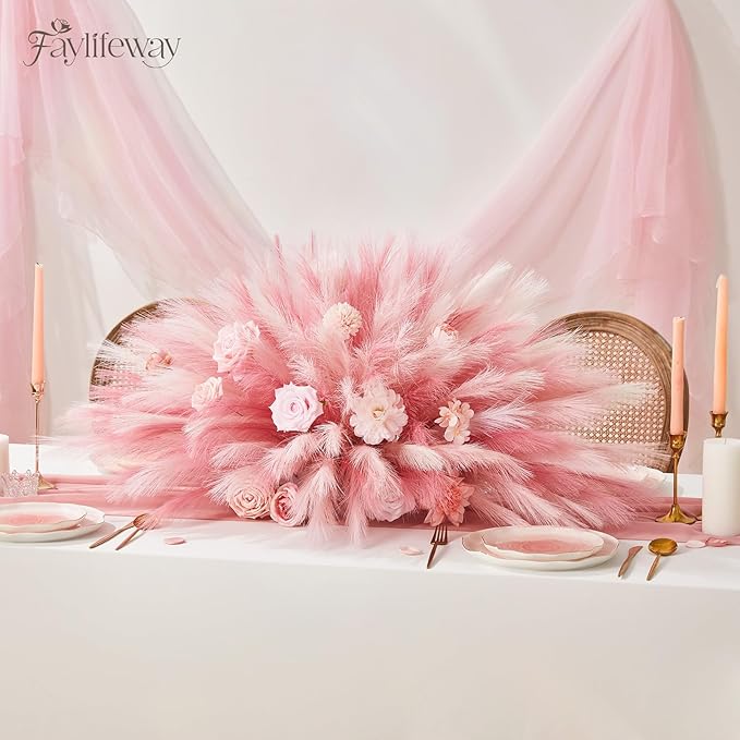 50pcs Pampas Grass 17in for Living Room Decor, Blush Pink Pampas Grass Decor, Fluffy Pink Flowers for Home Birthday Bathroom Baby Shower Wall Bow Decor(Blush & Cream & Pink)