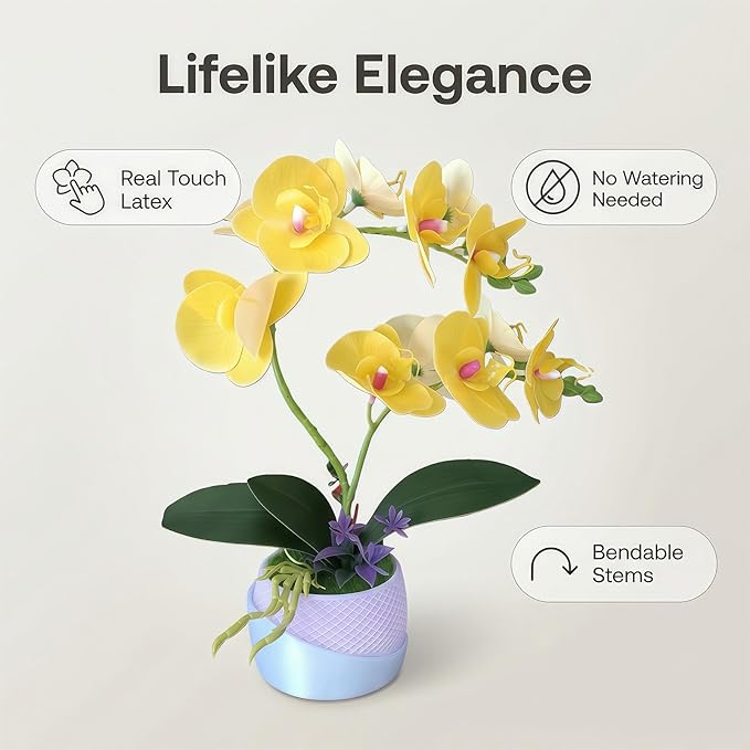 Artificial Orchid with 3D Printed Vase, Lifelike Fake Phalaenopsis Orchid Flowers, Realistic Silk Orchids for Home Decor Living Room (Yellow)
