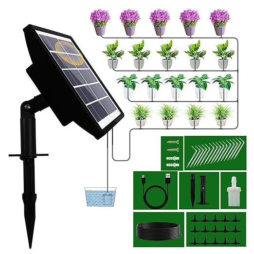 Solar Auto Drip Irrigation Solar Irrigation System, Automatic Drip Kit System Kit with 15 Drippers Powered Automatic Watering Device for Gardens