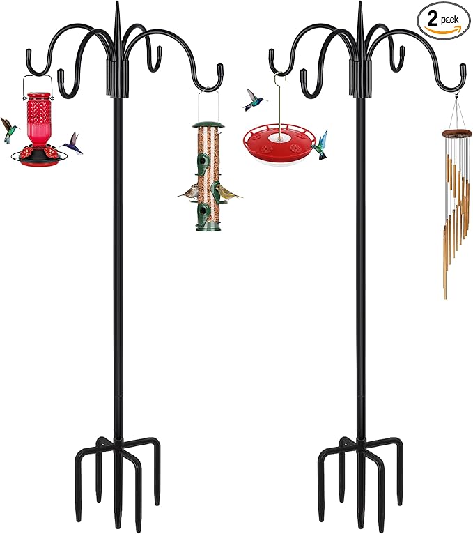 FEED GARDEN 76 Inch Four Shepherd Hooks for Outdoor,Bird Feeder Pole with 5 Prong Base, Adjustable Shepard Hooks for Hanging Plant, Solar Lanterns, Wind Chimes, 2 Pack
