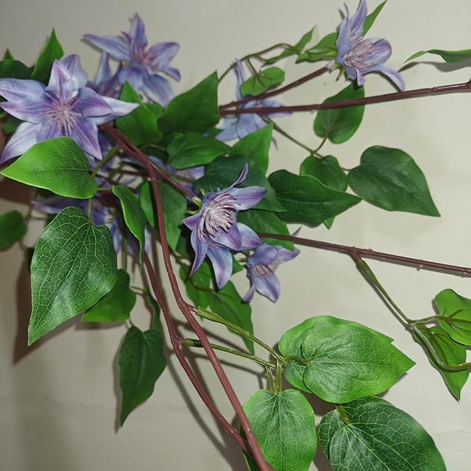 4pcs Blue Purple Artificial Clematis Flower Branches Greenery Stems, 29.5" Long Stem Realistic Silk Faux Flower Plants for Vase, Home Wedding Office Table Centerpiece Decor