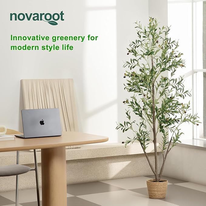 Olive Trees Artificial Indoor, 7FT Tall Faux Olive Tree with Light Kit Moss and Planter, Faux Plants Indoor with Natural Wood Trunk and Lifelike Fruits, Fake Tree for Home Office Living Room Decor