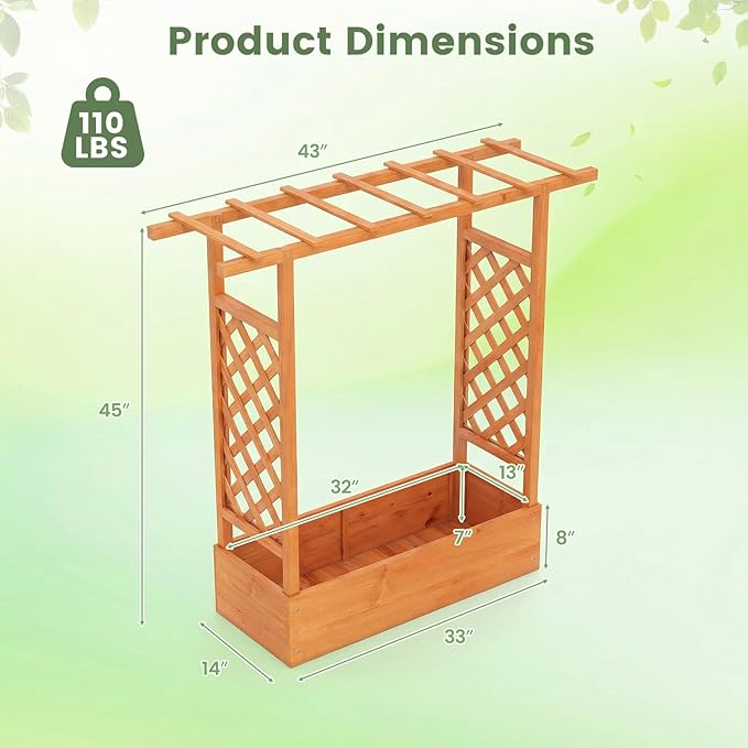 BECOMFORT Raised Garden Bed with Trellis & Hanging Roof, 45" Tall Fir Wood Planter Box with Drainage Holes, Outdoor Elevated Garden Planter for Climbing Vines, Perfect for Patio, Lawn & Backyard
