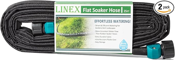 LINEX Flat Soaker Hose 50 ft for Garden Beds, Drip Hoses 1/2'' x 25 ft 2 Pack Save Water 80%, Heavy Duty Irrigation Hose Sprinkler Hose