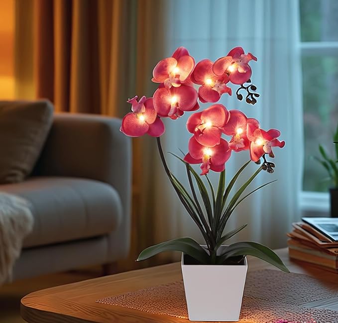 HOMESEASONS Orchid Lamp-LED Lighted Orchid Arrangements,Pre Lit Artificial Orchid,Light Up Flower Lights, Faux Orchid Phalaenopsis Arrangement (Purple)