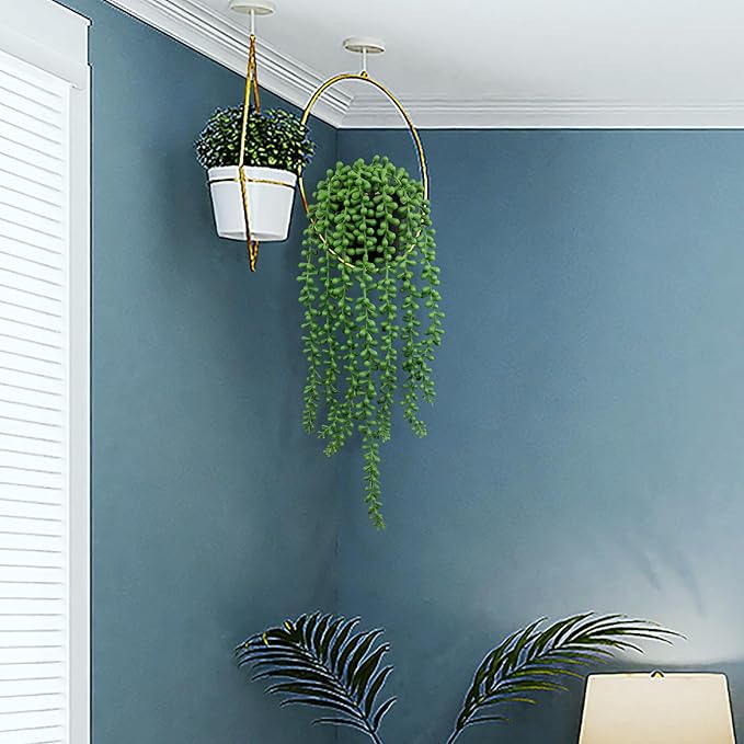 LOYWREE Fake Plants Indoor Artificial String of Pearls Plant in Black Pots, Realistic Green Faux Succulent Hanging Plants for Shelf Decor Desk Home Garden Decorations