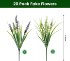 20 Bundles Artificial Plants Outdoor, UV Resistant Fake Flowers, Realistic Faux Lavender Shrubs for Porch Garden Window Box Home Decoration (White LitghtPurple)