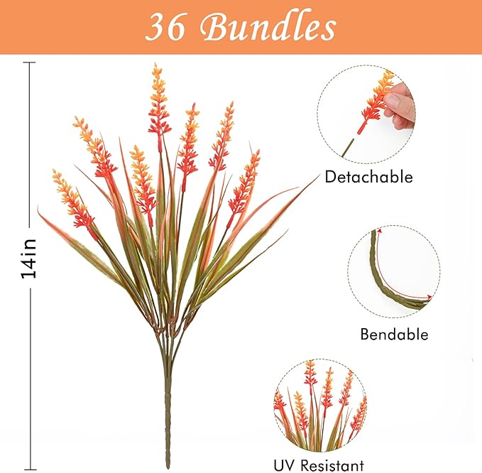 Waipfaru Fake Mums Fall Decor, 36 Bundles UV Resistant Faux Mums for Outdoor Planters, Fall Flowers Artificial for Decoration, Faux Plants for Home Porch Thanksgiving Decoration(Orange)