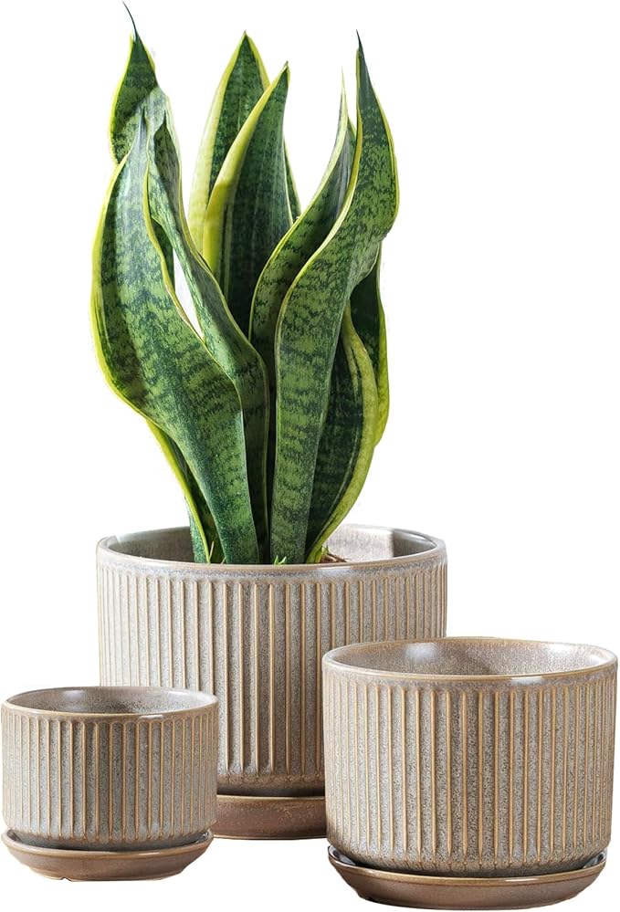 Speckle Gray Ceramic Plant Pots Set of 3, 4.3+5.5+6.7 Inch Indoor Flower Pot with Drainage Hole & Saucer & Hole Pads, Striped Decorative Planter Set for Indoor Plants, Gardening Pots & Accessories