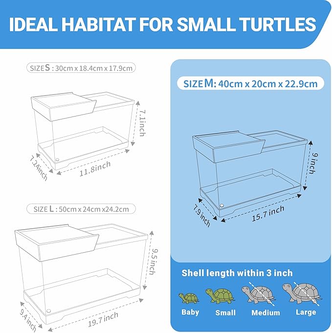 GOZILLA Turtle Tank Kit(Tank+Lamp+Filter), Upgrade PC Turtle Tank Starter Kit with Adjustable Lamp & Filter, Reptile Hideout Habitat with Lid for Small Reptiles.(15.75 × 7.9 × 9''/Black Kit)