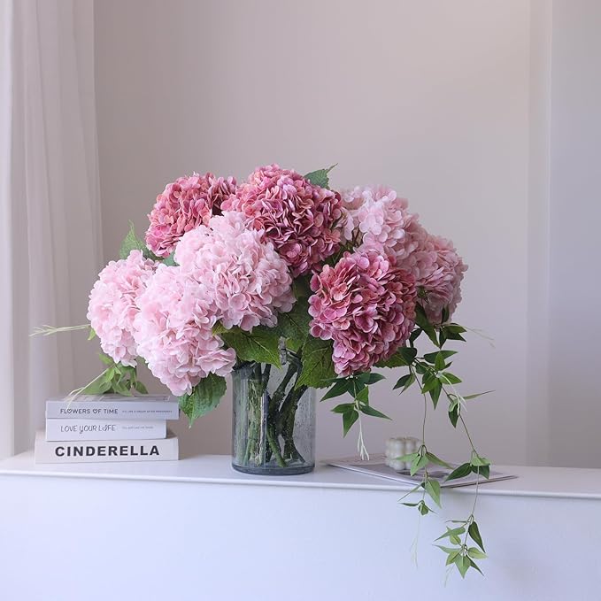 Buart 4PCS Long Stem Big Size Flowers Artificial Silk Hydrangea Lifelike Flowers Real Touch Pink Artificial Flowers Wedding Shower Bride Bouquets Office Living Room Table Decorations (21 Inch)