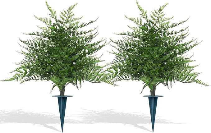 Grooy Artificial Fern Topiary Ball with Ground Spike, Set of 2 Realistic Boston Fern Plants Shrub, Fake UV Resistant Evergreen Bushes Tree for Porch Garden Indoor Outdoor Decor