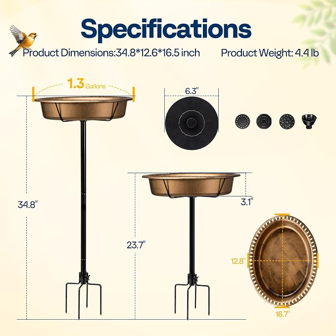 VIVOHOME Oval Bird Bath with Solar Fountain for Outside, Weather-Resistant ABS Birdbath Bowl with Solar Powered Pump, Metal Ground Stake for Outdoor, Garden, 1.3 Gallons, Copper