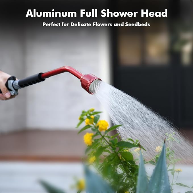 RESTMO Heavy Duty Full Metal Long Watering Wand, 24 Inches Gentle Soft Full Shower Sprayer Wand with Flow Control, Hose Wand for Hanging Baskets, Shrubs, Plants, Flowers, Garden and Lawn, Red