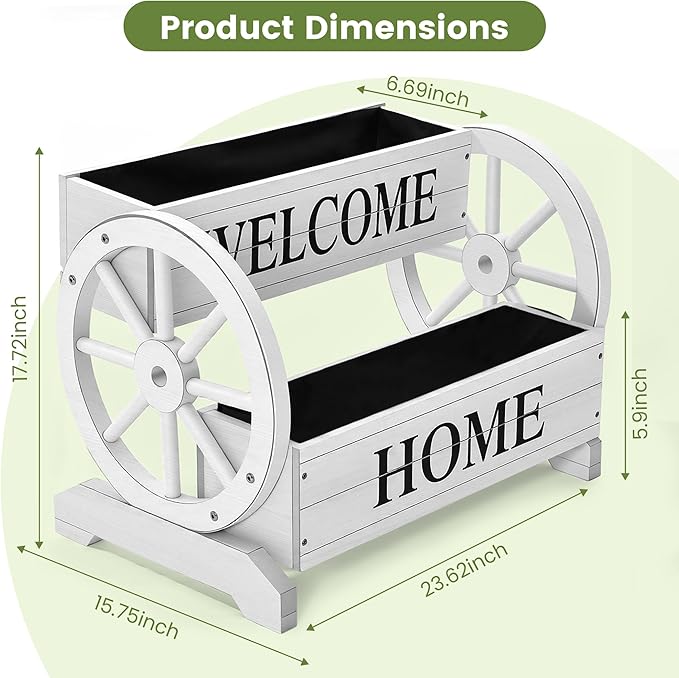 2-Tier Wooden Wagon Planter Box, Extra Large Decorative Flower Cart with Wheels, Washed White Rustic Wood Planter with Drainage Holes & Non-Woven Liner, Raised Bed for Flowers Herbs Vegetables