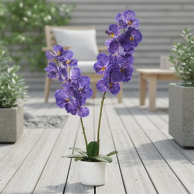 31" Artificial Orchid Flowers in White Planter, Realistic Faux Purple Plants with 14 Bloomings, Faux Phalaenopsis for Bathroom Kitchen Home Office Living Room Decor