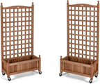 Giantex Set of 2 Mobile Plant Raised Bed, Wood Planter with Lattice Trellis and Wheels, Flower Box for Plant Climbing, Vertical Garden for Balcony Patio Yard, 25"x11"x 50"