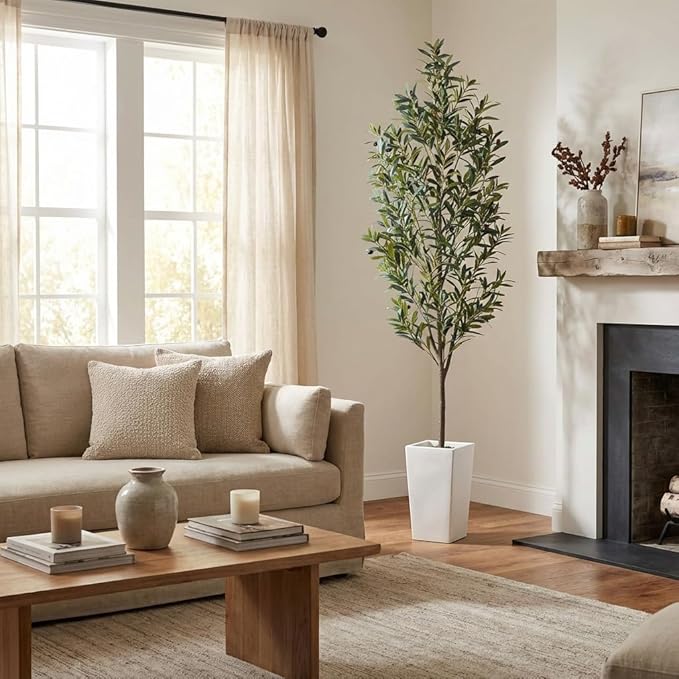 Aveyas 7ft Artificial Olive Tree for Home Decor, 7 Feet Large Faux Plant Fake Skinny Silk Trees with Pot for Indoor Outdoor House Living Room Office (7 ft Tall Including Raised Pot)