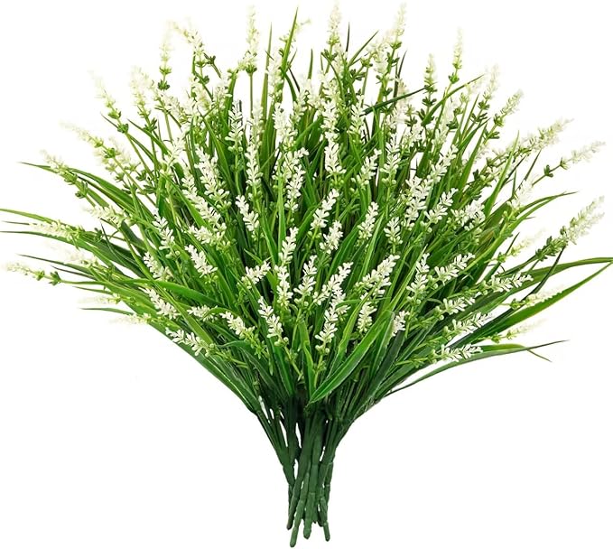 24 Bundles Artificial Plants Flowers Outdoor, Faux Lavender Flowers Fake Monkey Grass UV Resistant Plastic Plant for Porch Garden Patio Window Home Decor, White