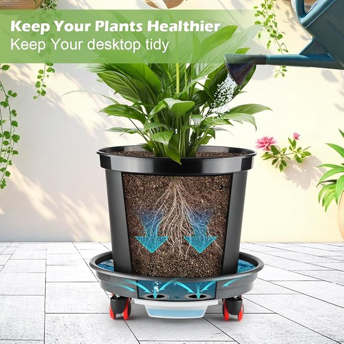 3 Pack 16 Inch Large Plant Pots with Rolling Saucers & Drainage Holes,Heavy Duty Plastic Planters for Indoor Outdoor Plants,Large Flower Pots with Wheels for Tall Plants(Black)