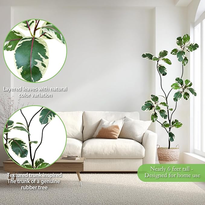 AfanD 6FT Artificial Rubber Tree – Realistic Variegated Ficus with Natural Trunk, Faux Indoor Plant for Living Room, Office, Bedroom & Commercial Decor, No Maintenance