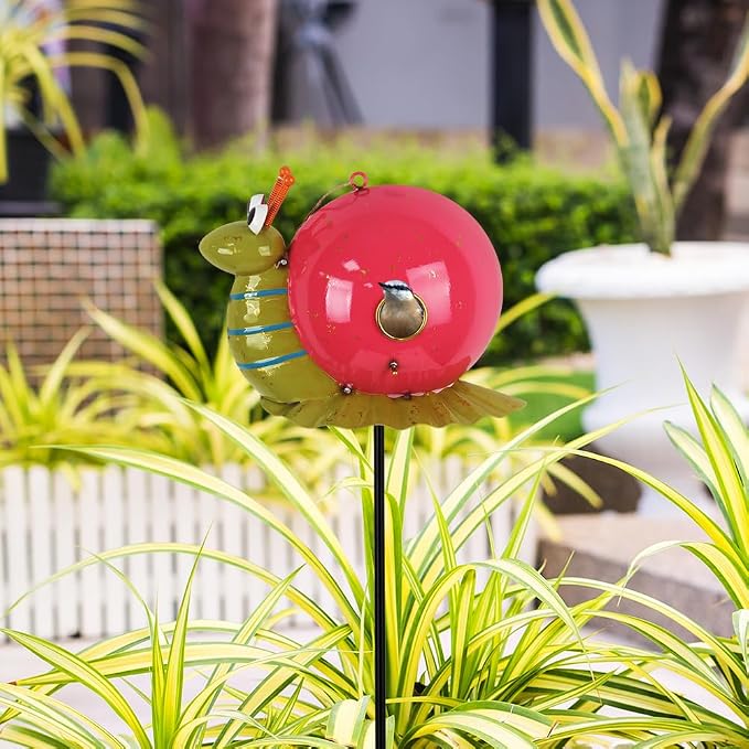 37" Bird Houses for Outside, Outdoor Metal Snail Birdhouse with Hanging String & Poles for Patio, Yard, Garden