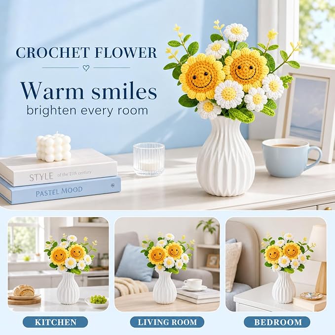Crochet Flower Bouquet Handmade Knitted Sunflower Artificial Bouquet Positive Crocheted Sunflowers Bouquet with Exquisite Wrap for Valentine Mother's Day Graduation Anniversary（Blue）