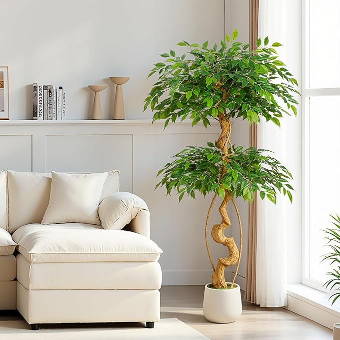 5ft Large Ficus Artificial Trees in White Pot, 60" Tall Fake Silk Tree with Natural Curved Trunk, Lush Faux Ficus Tree for Indoor Home Decor, Living Room, Office & Patio