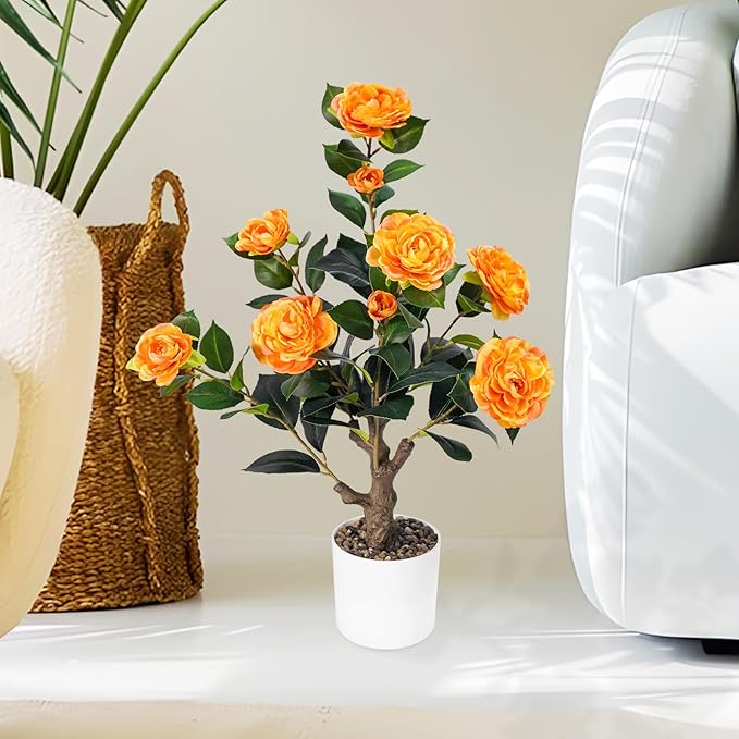 Caxchiling 2FT Artificial Camellia Tree, Small Fake Tree for Outdoor Indoor, Plastic Potted Plants for Home Office, Tabletop Desk Orange Flower Plants (1 Pack)