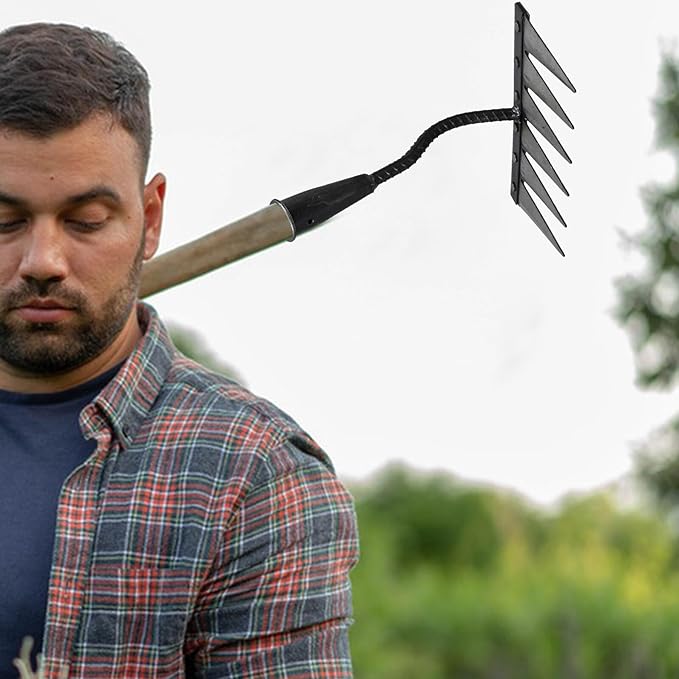 Veemoon Heavy Duty Steel Garden Rake with 6-Tine Sharp Dethatcher for Soil Loosening and Lawn Leveling, Small Hand Tool for Gardening and Landscape Maintenance