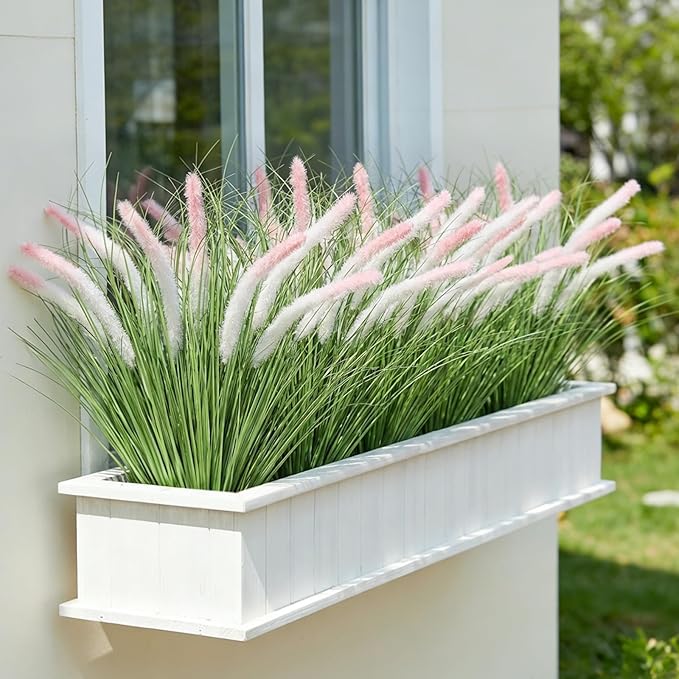 24PCS Artificial White Pink Tip Dog Tail Grass Onion Grass UV Resistant Outdoors Faux Shrubs Ornamental Wheat Grass Cattails Faux Bushes Home Decor for Outdoor Garden