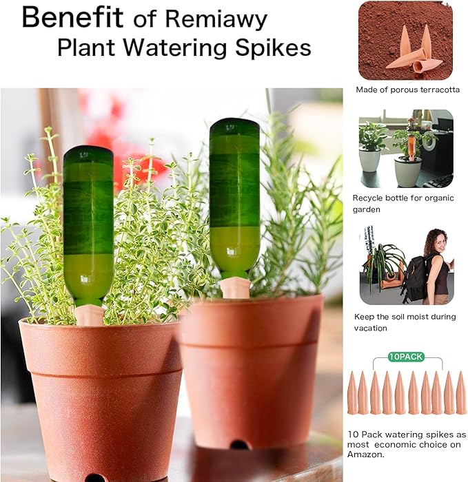 REMIAWY Plant Watering Devices - Terracotta Vacation Self Plant Waterer Spikes Wine Bottle Stakes Slow Release Devices for Indoor Outdoor Plants (10 Pack)