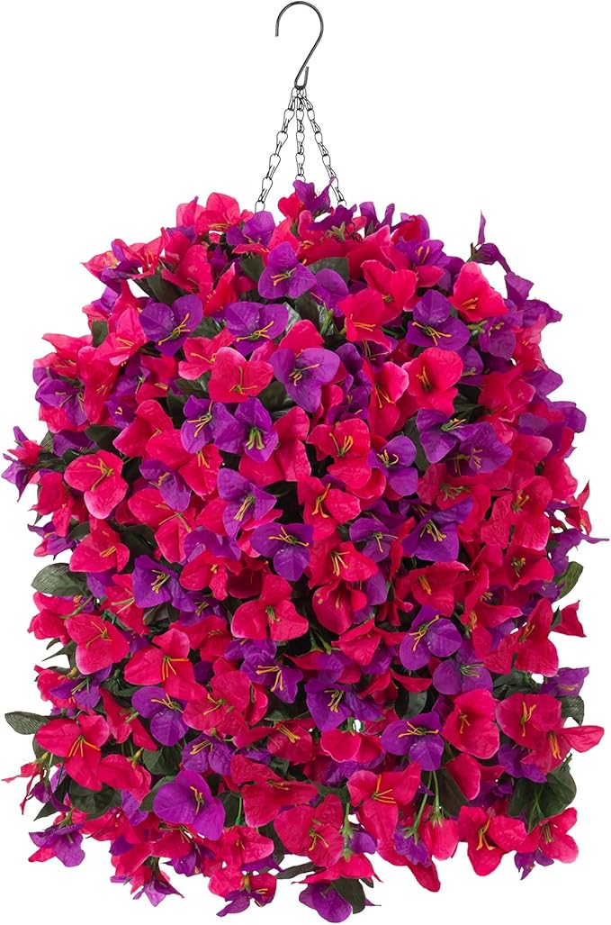 Artificial Fake Hanging Flowers with Basket for Outdoors Decoration, 3PCS Faux Flowers for Outdoor Planters UV Resistant No Fade Silk Bougainvillea for Home Porch Patio Garden Balcony Yard Decor