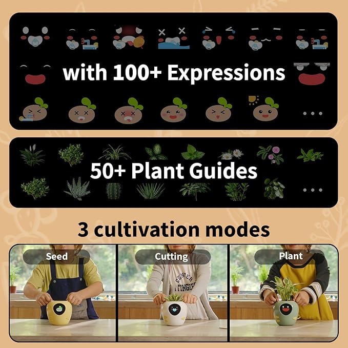 Plantbot Upgraded Large Smart Flower Pot Pet Planter Robot with Artificial Intelligence, Time Temperature Display, and Numerous Expressive Animations Based, for Indoor Decoration, Gifts (Yellow)