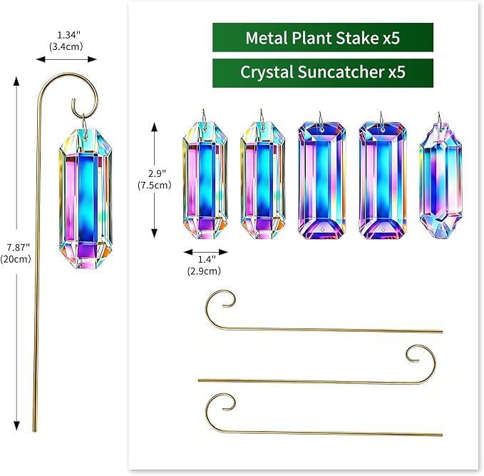 5 Pack Big Crystal Suncatcher Plant Stakes with Golden Trellis – AB Colored Prisms for Indoor Potted Plants, Rainbow Maker Garden Sun Catcher, Window Hanging Crystals for Home Outdoor Decor