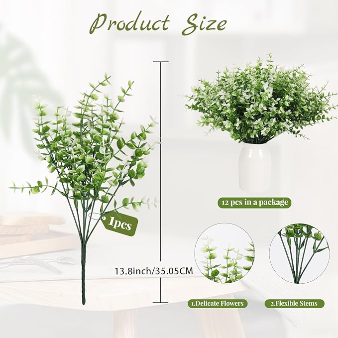RECUTMS 12 Bundles Artificial Plants Faux Outdoor Plastic Plants UV Resistant Flowers No Fade Fake Greenery Stems for Porch Window Home Wedding Fireplace Spring Decoration (White)