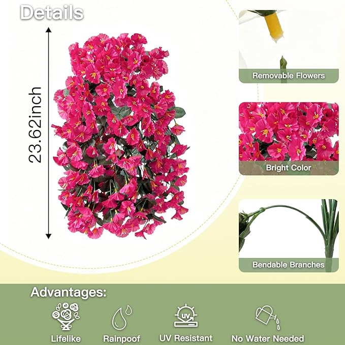Artificial Flowers for Outdoors Fake Hot Pink Morning Glory Hanging Flower Decoration, 2Pcs Realistic Faux Plants Petunias Long Trailing Vines,Spring Decor for Porch Patio Balcony Planter Yard