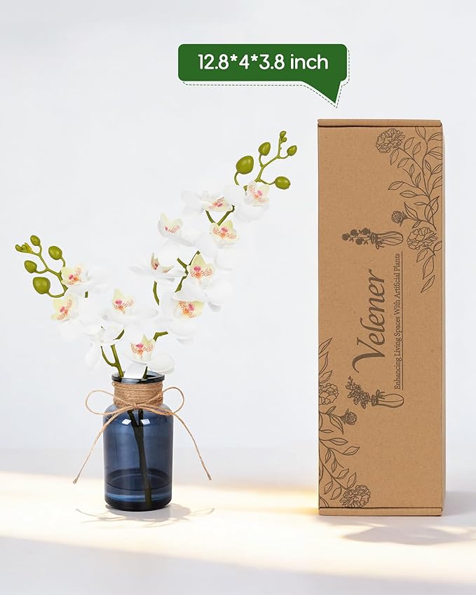 Velener Fake Orchid in Vase with Faux Water, Fake Plants White Orchid Artificial Flowers for Home Decor, Office Kitchen Bathroom Farmhouse Living Room Coffee Table Faux Centerpieces for Tables