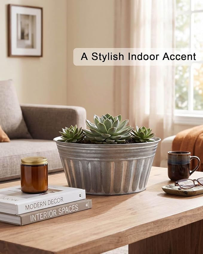 vensovo 9 Inches Silver Metal Rustic Plant Pots - 4 Pcs Large Shallow Galvanized Planters with Drain Hole and Rubber Plug, Rustproof Tin Bucket Succulent Pot Indoor Farmhouse Vintage Style for Decor