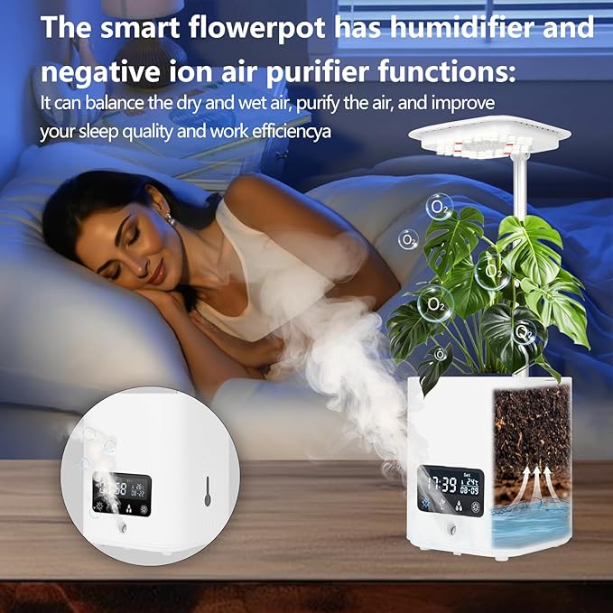 Multifunctional Intelligent Flower Pot,Indoor Desktop Green Hydroponics Planting Flowerpot with Bluetooth Speaker,Adjustable Plants LEDGrow Light,humidifier, Air Purification,Desk lamp