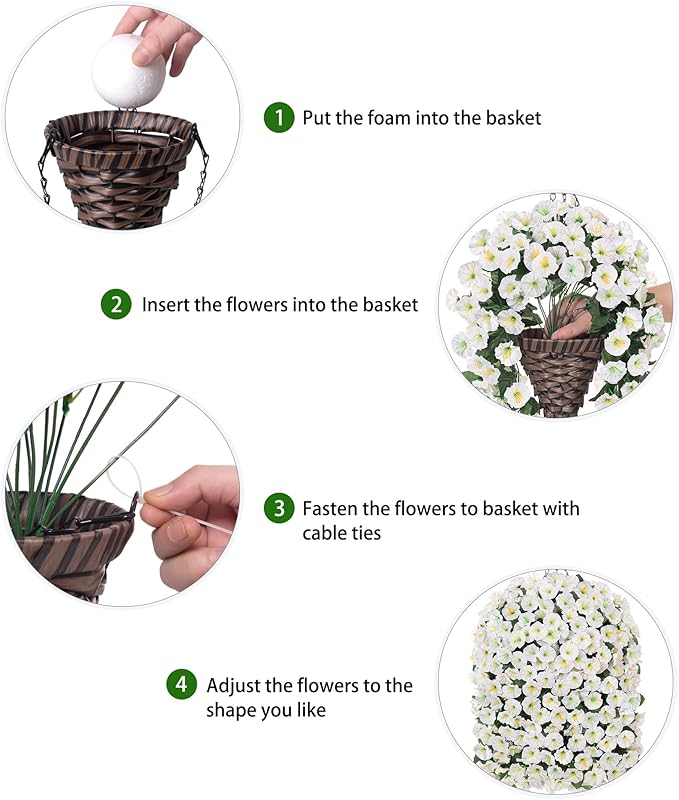 Artificial Fake Flowers Plants Hanging Baskets for Outdoor Outside Decor, Faux Silk Hanging White Morning Glory Trailing Vines UV Resistant for Porch Patio Home Decoration
