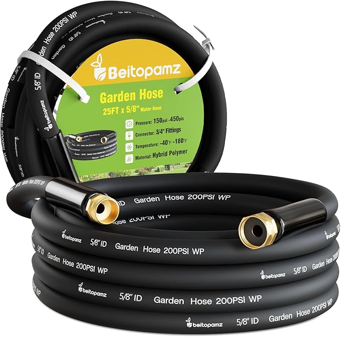 Garden Hose 25 ft x 5/8 in Heavy Duty Water Hose, Flexible and Durable, Lightweight Rubber Hybrid Hose, Leak-Free Connections, Male to Female 3/4'' Brass Fittings for Patio, Lawn, Black