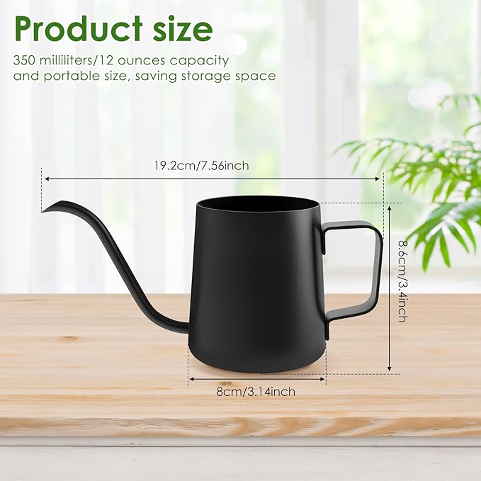 12oz/350ml Stainless Steel Plant Watering Pot,Small Watering Can for Indoor Plants,Mini Watering Can with Long Mouth & Ergonomic Handle for Indoor House Plants Flower Bonsai Outdoor Garden(Black)