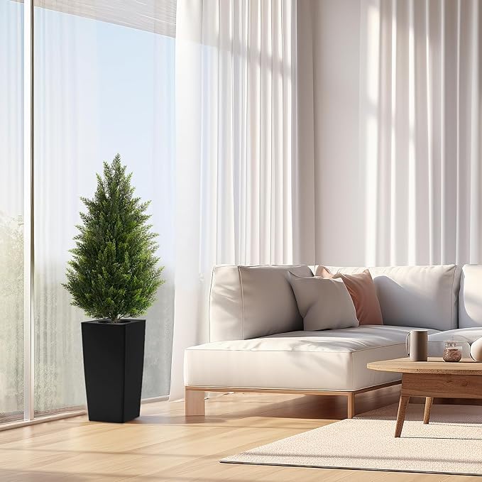 4FT Tall 2 Pack Artificial Cedar Topiary Trees with Compact Pyramidal Shape, Realistic Faux Cypress in Square Black Pot with Fillable Water Bag, Outdoor Evergreen for Front Porch Garden Home Decor