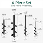 4Pcs Auger Drill Bit for Planting, 4 Common Sizes Heavy Duty Steel 3/8 Hex Drive Drill Auger for Post Holes Digger, Earth & Lawn Augering, Planting Bulbs & Trees